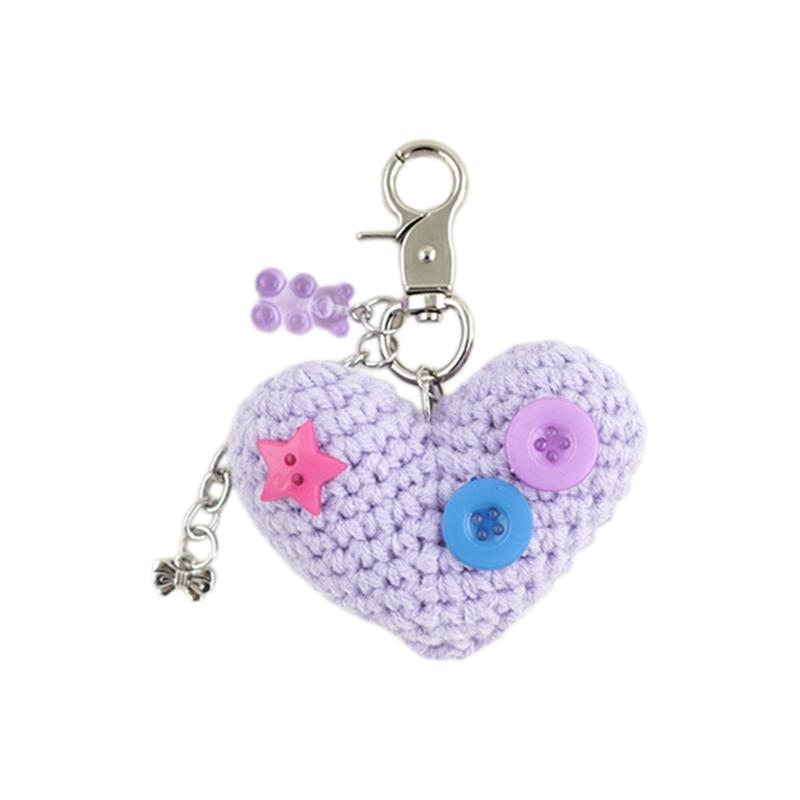 Handwoven Heart Pendant Keychain with Button Bowknot Cute Bear Keyring Handmade Women Jewelry Bag Backpack Accessories