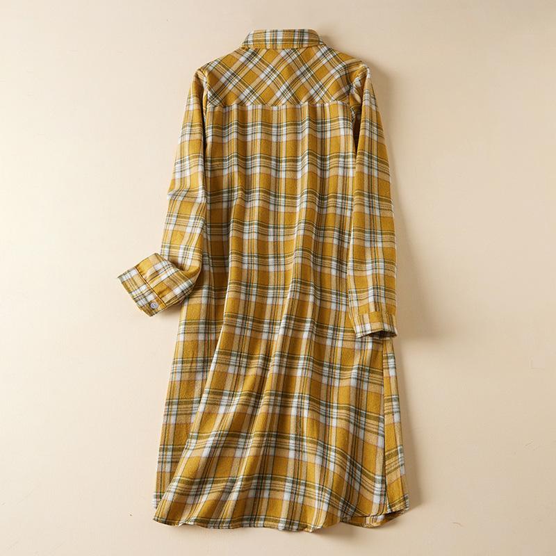 Spring and Autumn Plaid Shirt Women's Mid-length Long-sleeved Brushed Blouse Loose Casual Shirt