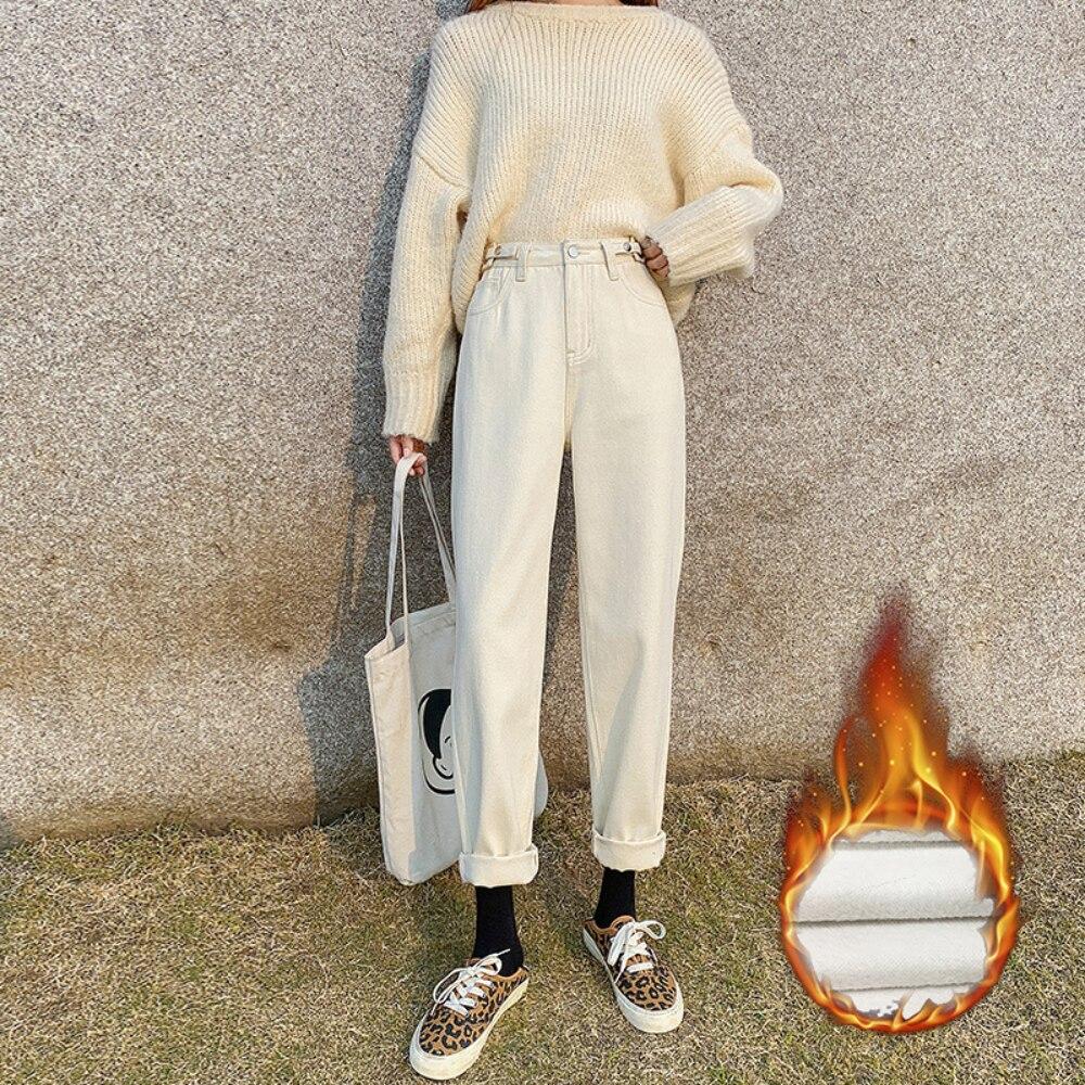 2022 Winter Korean stytle Fashion Warm Womens High Waist Casual Comfort Warm Jeans Loose Denim Harajuku Streetwear straight Pant