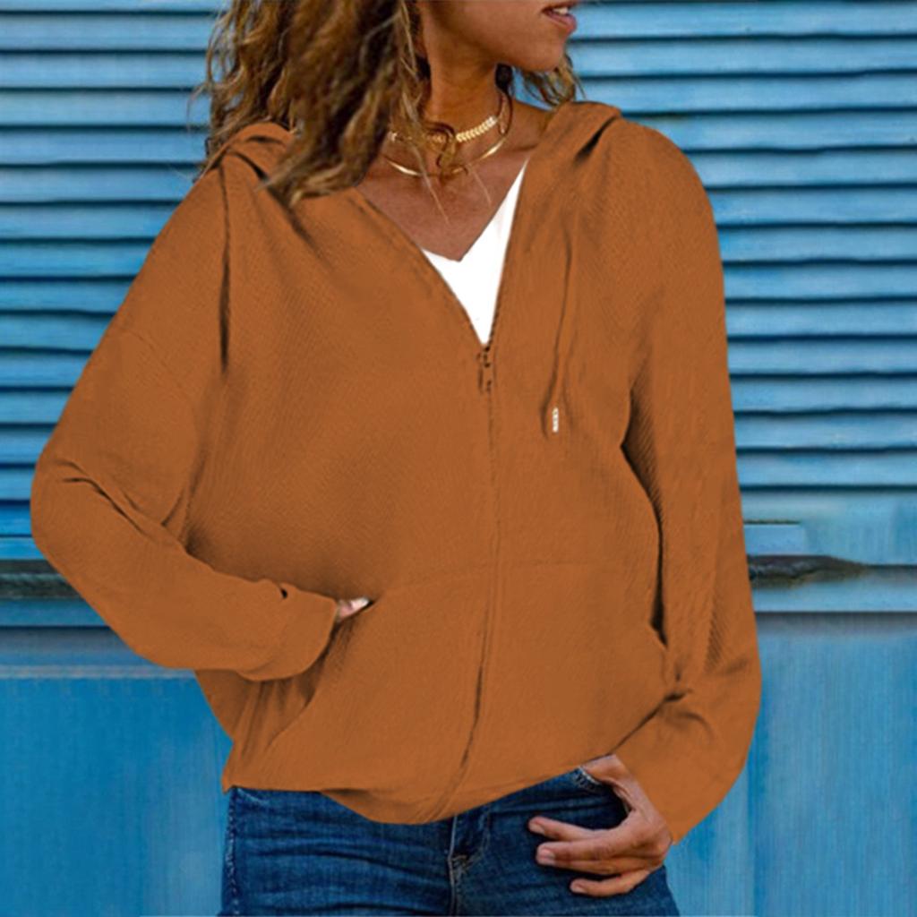 Women's Loose Slit Pocket Zip Solid Long Sleeve Hooded Sweatshirt Cardigan
