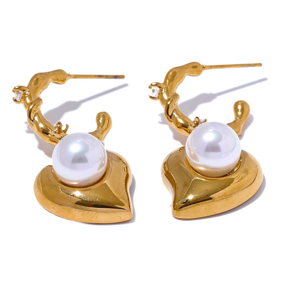 

Yhpup Trendy Imitation Pearls Stainless Steel Heart CZ Drop Earrings for Women Prevent Allergy Exquisite Korean Jewelry Gift