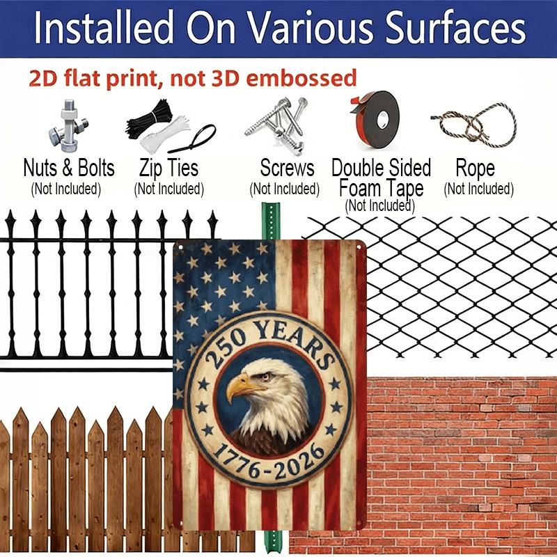 2D Flat, USA 250th Anniversary 1776-2026 Patriotic Metal Wall Sign - 7.87*11.8 Inch Distressed Retro Bald Eagle & Mount Rushmore Plaque Suitable for