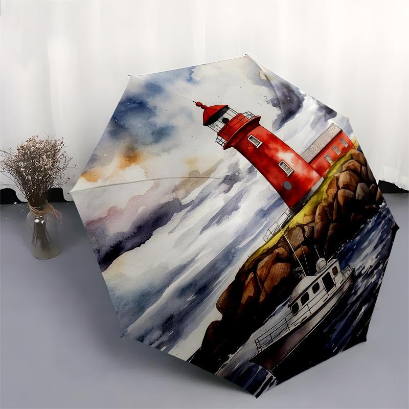 1pc Lighthouse Boat Automatic Folding Umbrella, Heavy Duty 8 Rib Iron Frame,  Suitable for Travel, Daily Use, Birthday, Decor Gift M0105111
