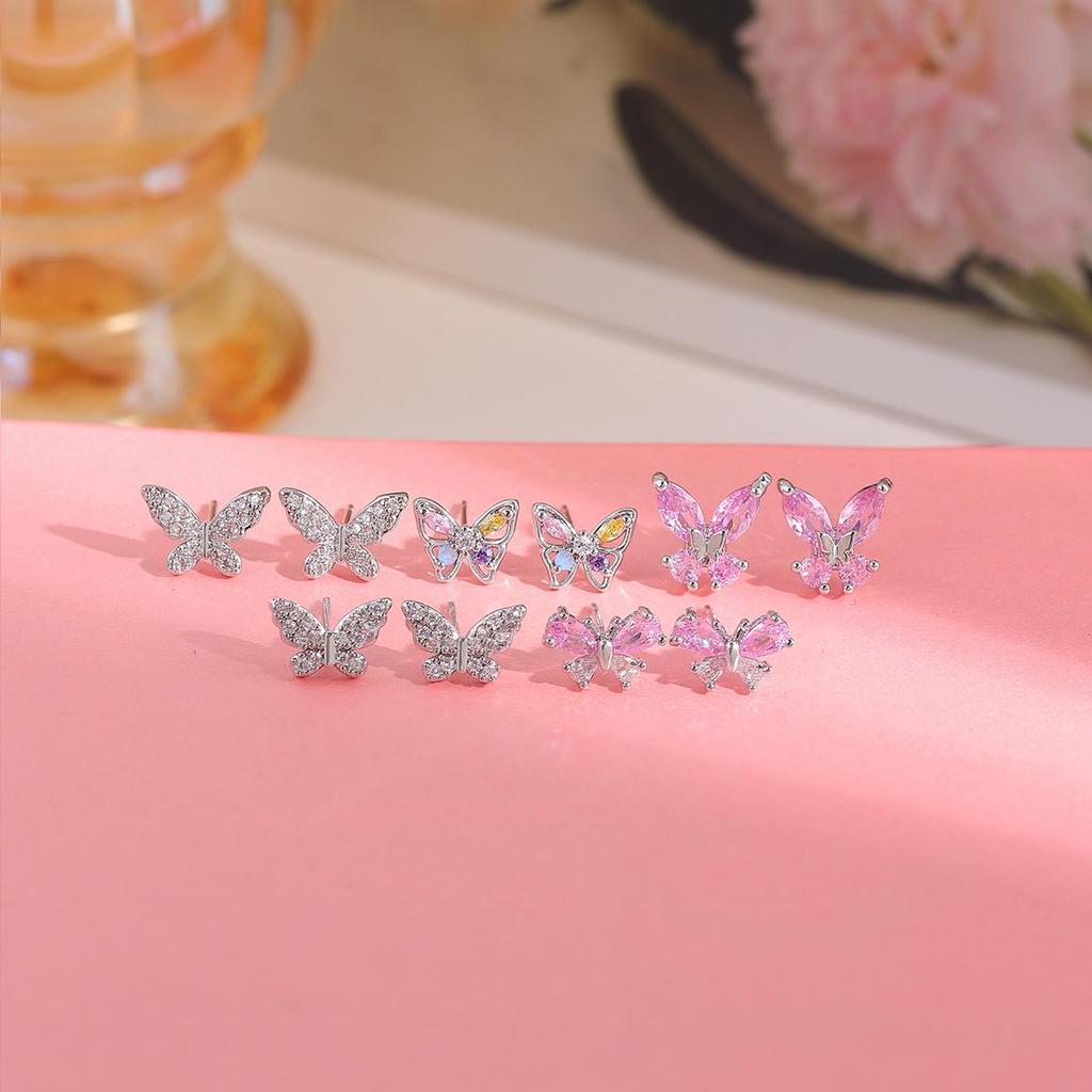 Copper-Plated Gold & 925 Silver Butterfly Earrings with Pink Diamond & Rainbow Zirconia for Women