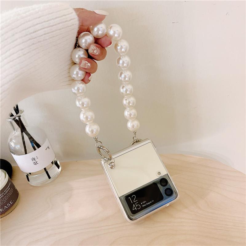 Luxury Pearl Lanyard Phone Case For Samsung Galaxy Zflip 4 Fashion Wristband Cover For Galaxy Z Flip Funda Capa Z Flip 3 5g Etui