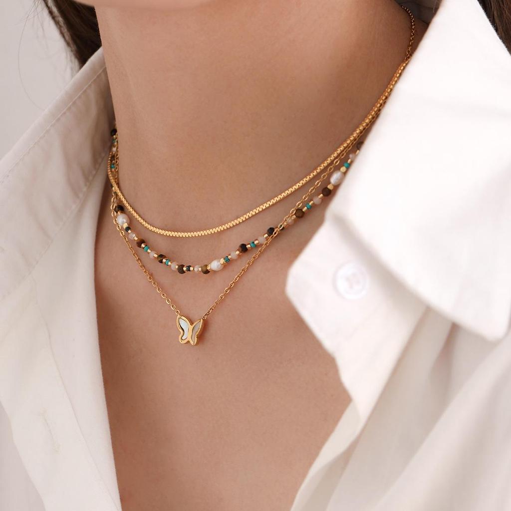 Elegant Pearl & Butterfly Pendant Necklace - Women's Titanium Steel, High-End European & American Fashion.