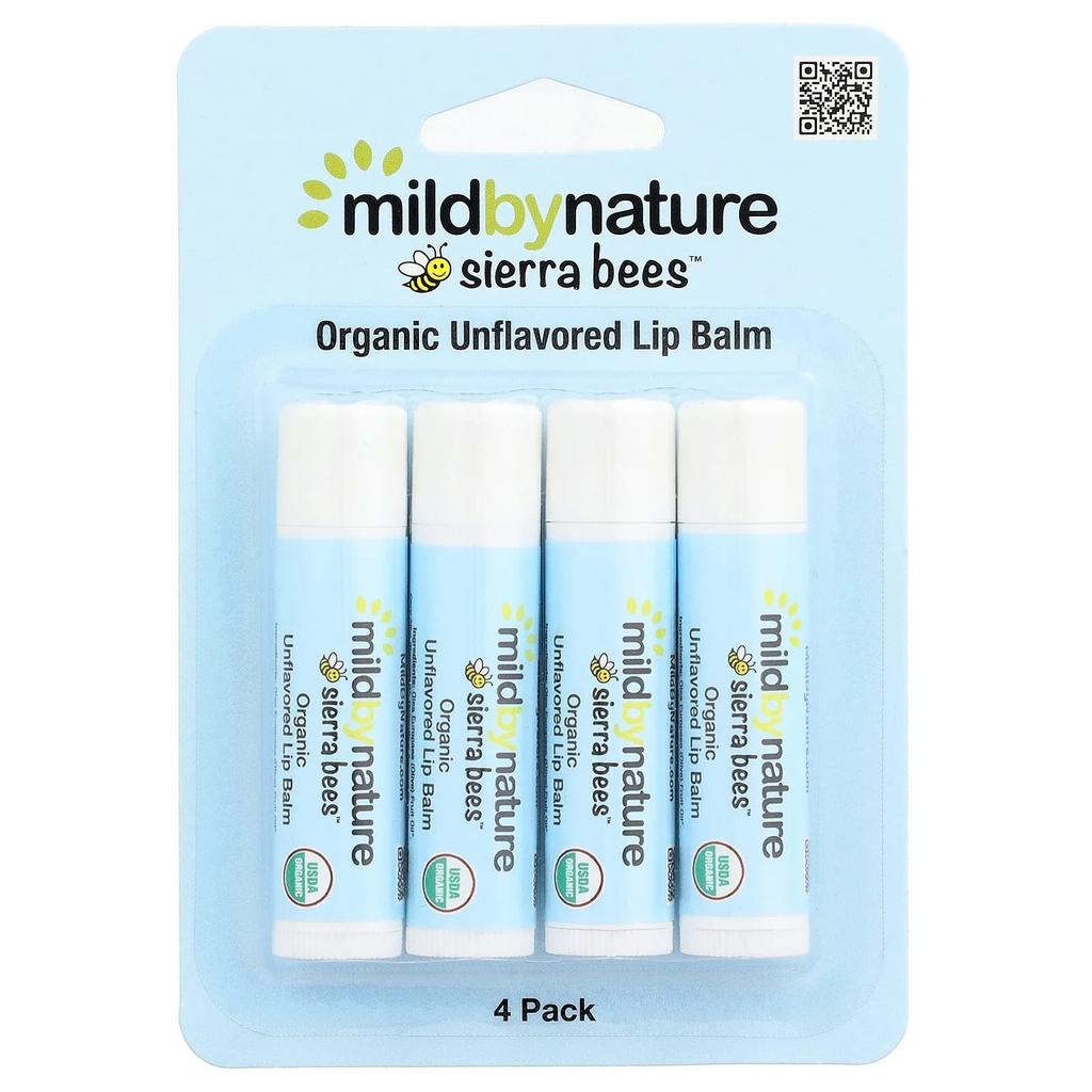 Mild By Nature, Sierra Bees™, Organic Lip Balm, Unflavored, 4 Pack, 4.25 g (0.15 oz) Each