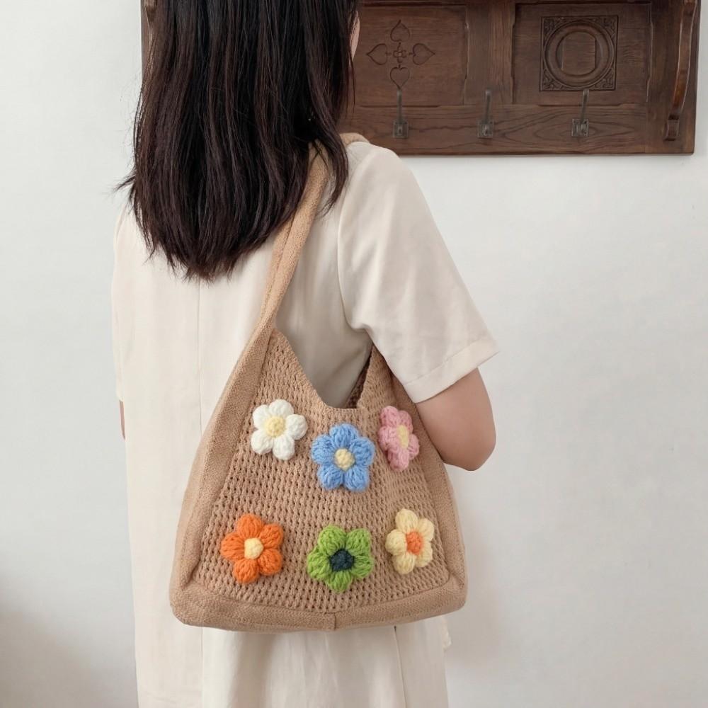 Sweet Knitted Tote Bag Breathable Seaside Vacation Handbag Storage Bag Crochet Shoulder Bag School