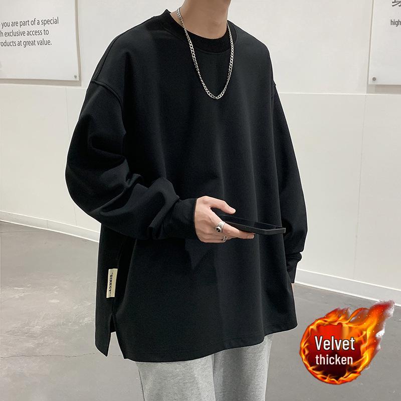 NASA Men's Trendy Long Sleeve Spring/Autumn Hoodie - Plus Size Heavyweight T-Shirt with Velvet, Solid Color, Loose Slit Design.