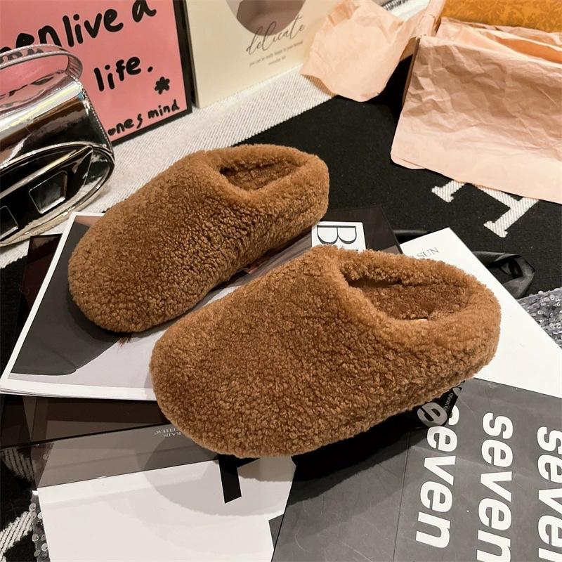 Lam allsidig veske hode halv tøfler dame 2025 høst og vinter plysjsko yttertøy lat flat bunn myk bunn bomull mopp