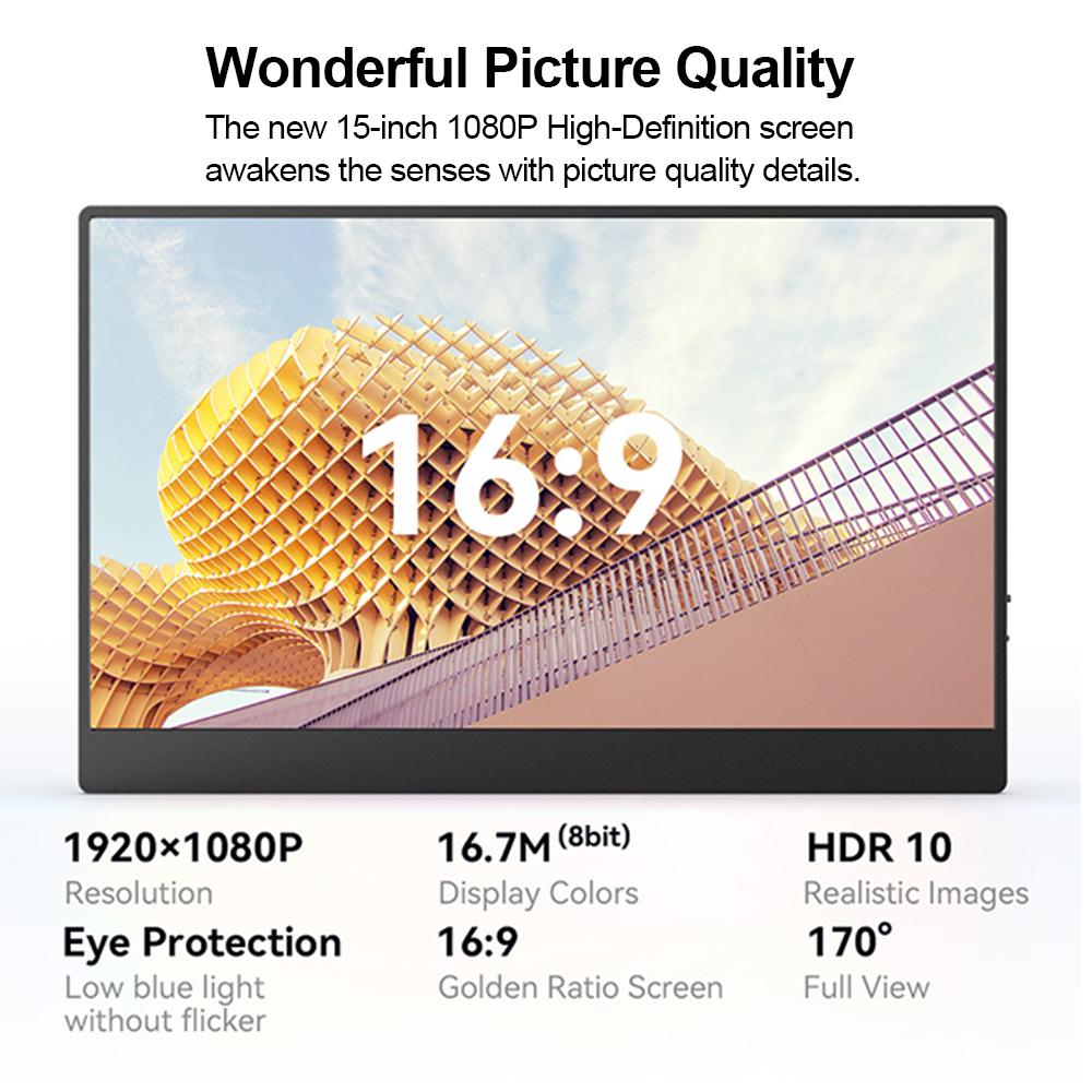 15palcový přenosný monitor FHD1080P IPS herní monitor vestavěné duální reproduktory 170 stupňů široký pozorovací úhel externí