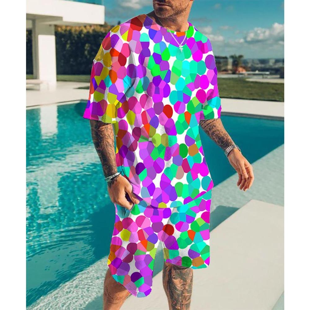 Summer Colorful Grid 3D Printed Short Sleeved Shorts Set Personalized Soft Comfortable Loose Breathable Plus Size Men's Sports Wear