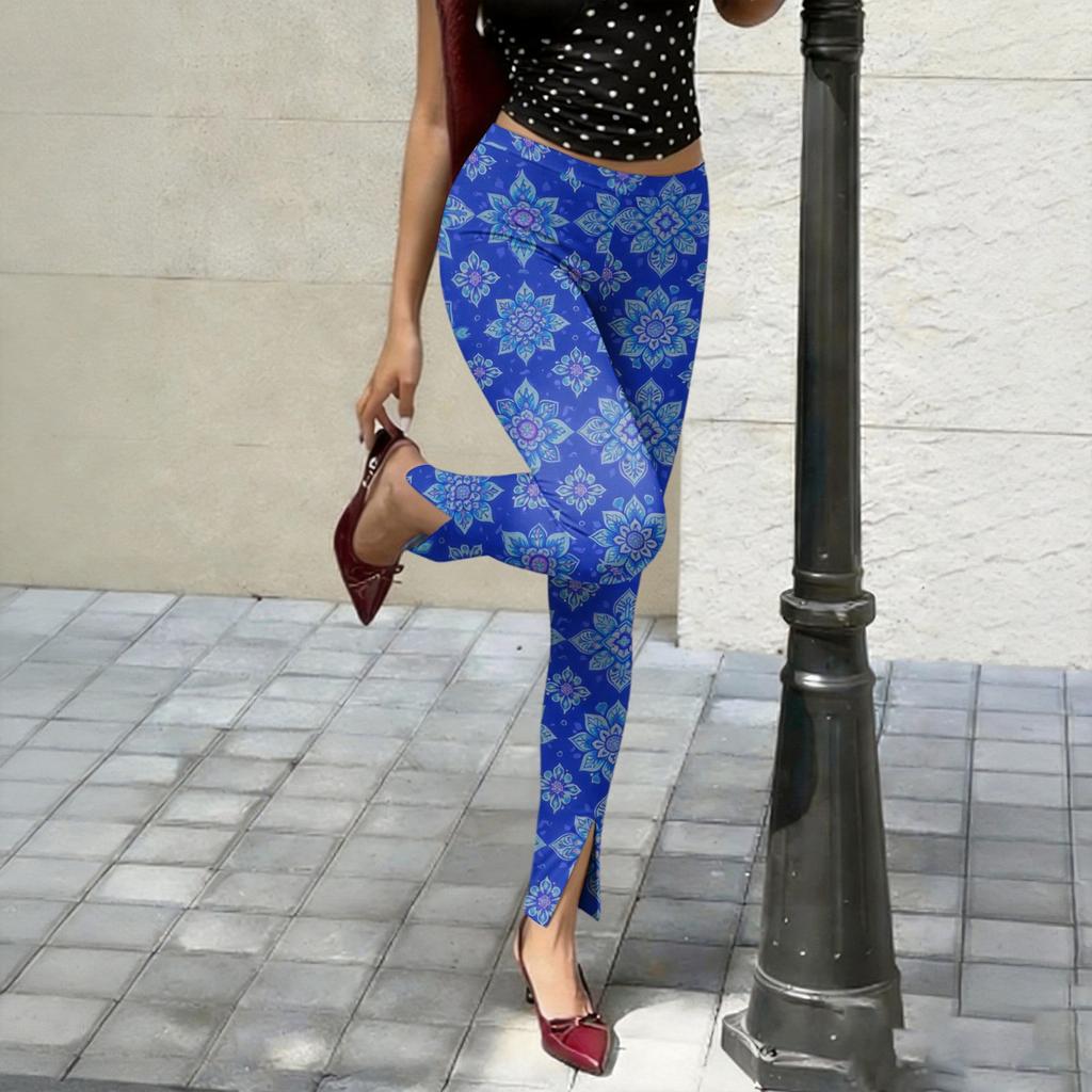 Women's Slim Pants with Retro Floral Print and Side Slit Design - Black