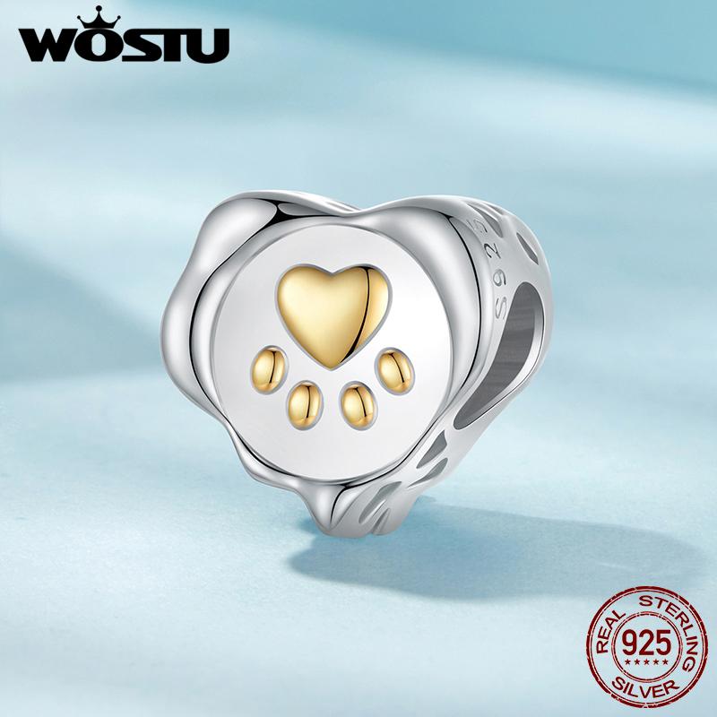 WOSTU 925 Silver Creative Hot Dog Dachshund Charm Tow tone Pet Claw print Beads Heart Handcuff Pendant Fit DIY Bracelet Necklace