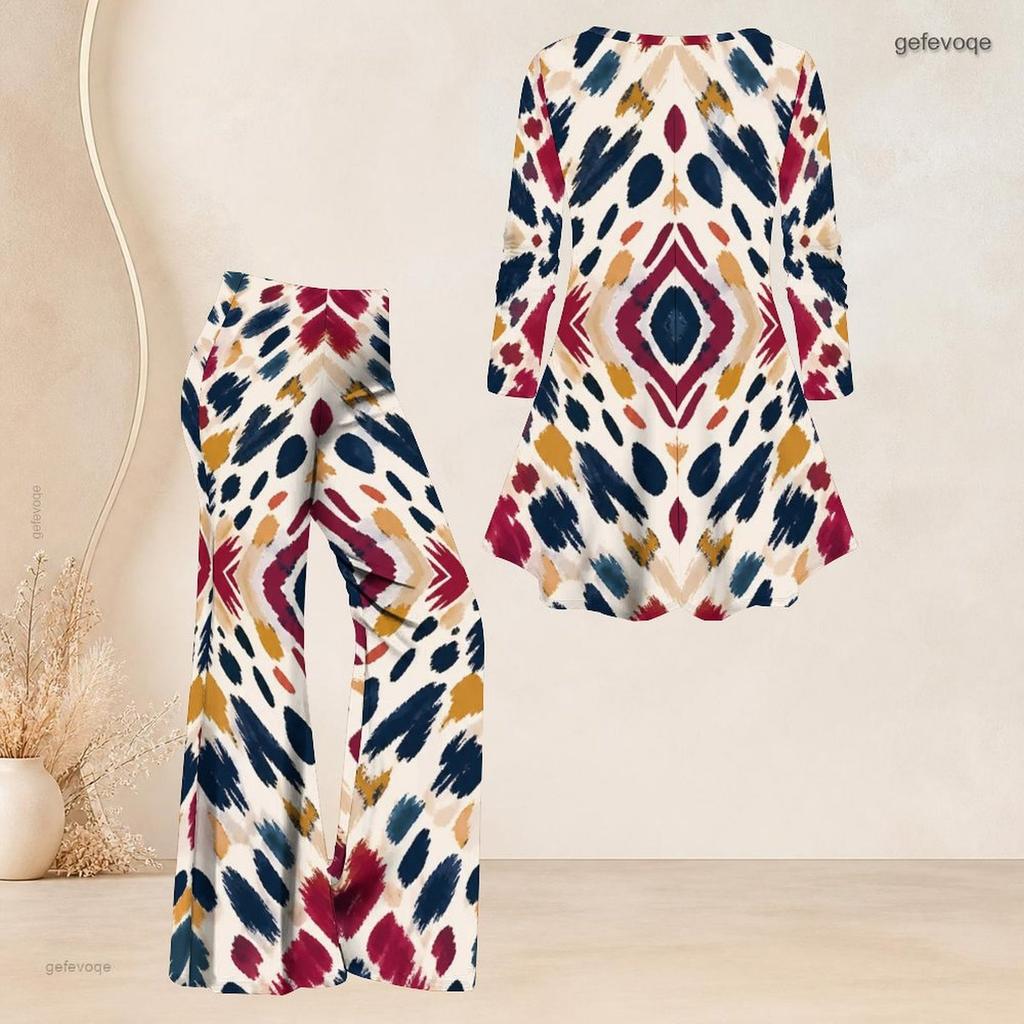 Women Plus Size Round Neck Three Quarter Sleeve Printed Flared Top And Flared Pants Two Piece Set