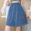 Plus Size Women's Sport Shorts Stretch Elastic Waist Washed Solid Color Lyocell Thin Wide Leg Shorts with Large Pockets