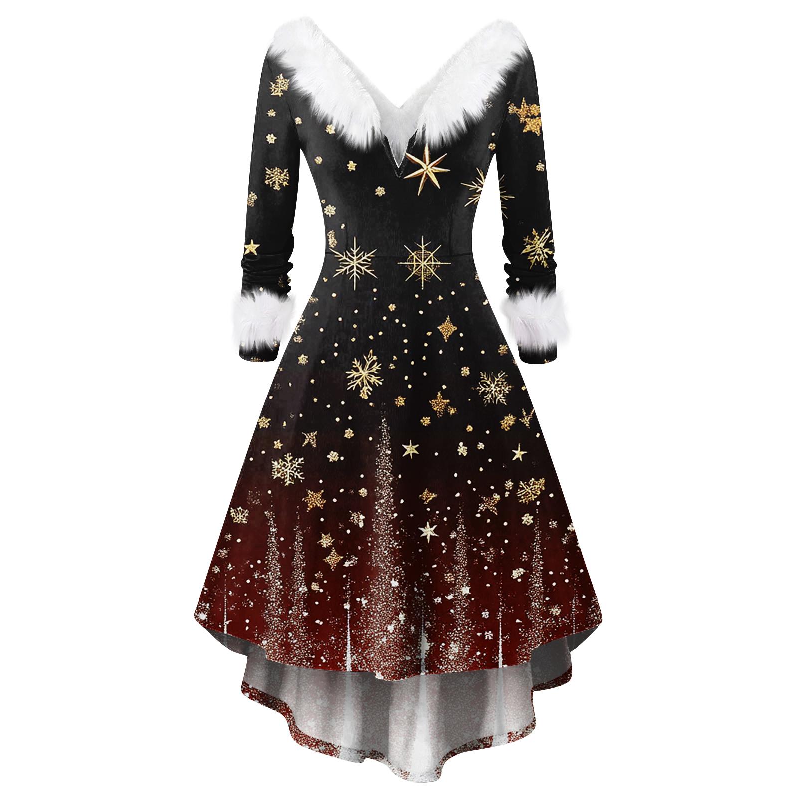 Women s Fashionable Casual Fitted Christmas Print Party Long-Sleeved Dress L