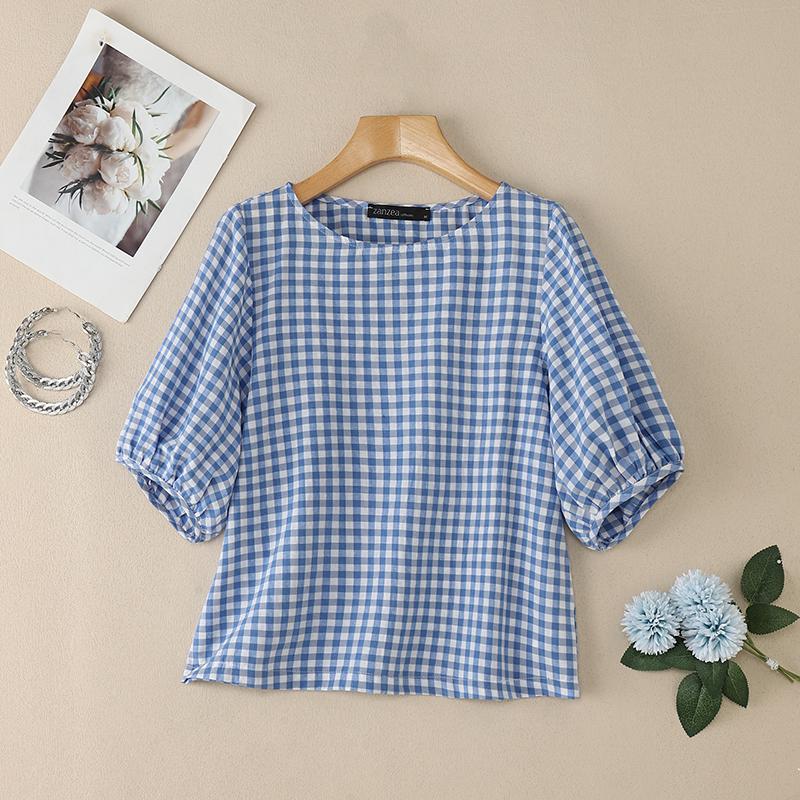 ZANZEA Women Casual Round Neck Plaid Print Loose Short Sleeve Blouse