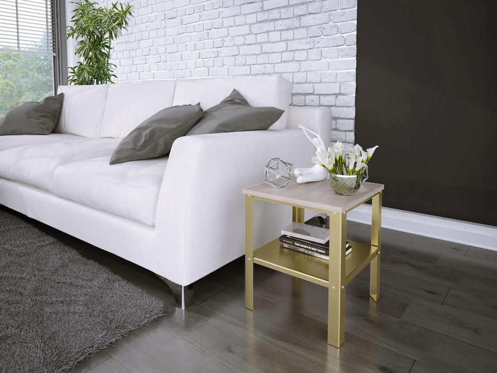 Stolik Nocny Skręcany Z Półką Loft Sypialnia 40X40X45 Złoty+Dąb Sonoma