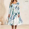 Women Plus Size Square Neck Long Sleeve Multicolor Printed A Line Dress With Belt Pockets