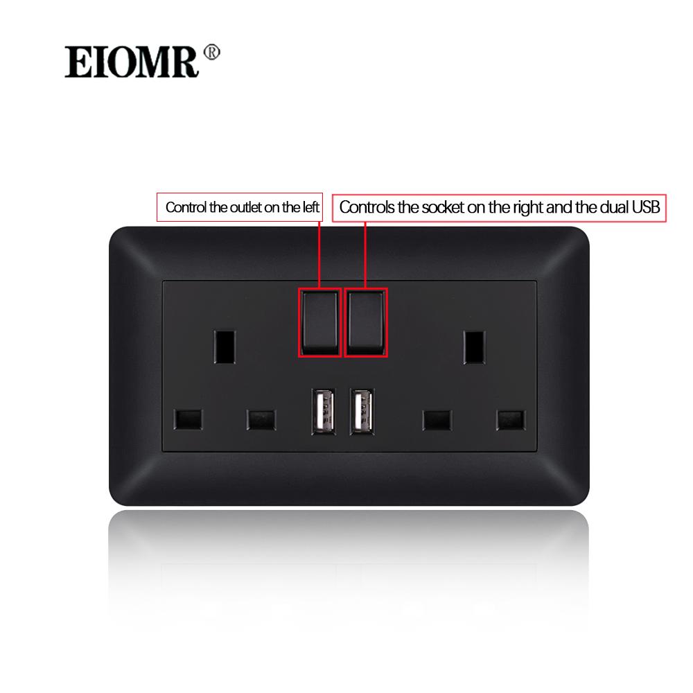 EIOMR 13A UK Standard Plug Power Wall Socket and Switch 250V, with USB Type-C Charger Port 5V 2.1A, Black PC Curved Frame Panel