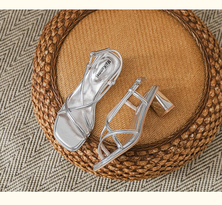 

Fashion 2025 new designer green leather sandals women thick high heels summer shoes cross band chunky heel gladiator sandalias mujer 34 серебряный