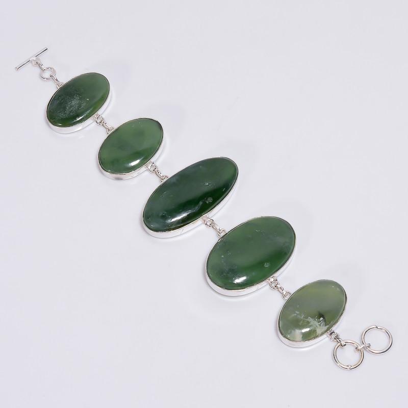 

Awesome Top Grade Qualite 100% Natural Nephrite Jade Oval Shape Ethnic Style Handmade Jewelry 925 Steling Silver Bracelet 7-8 WSJ-4693 7-8 зелений