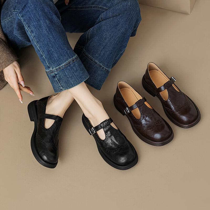Fashion NEW Autumn/Spring Women Pumps Round Toe Chunky Heel Shoes Genuine Leather Shoes for Women Hollow Mary Janes Black Handmade Shoes