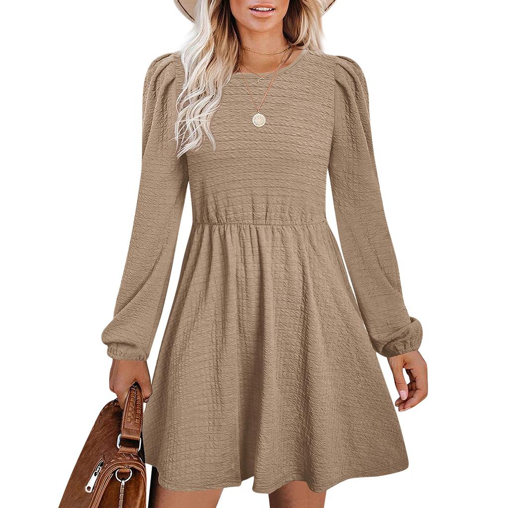 Womens Puff Long Sleeve High Waist  Casual Knit Crewneck Knee Length Dresses