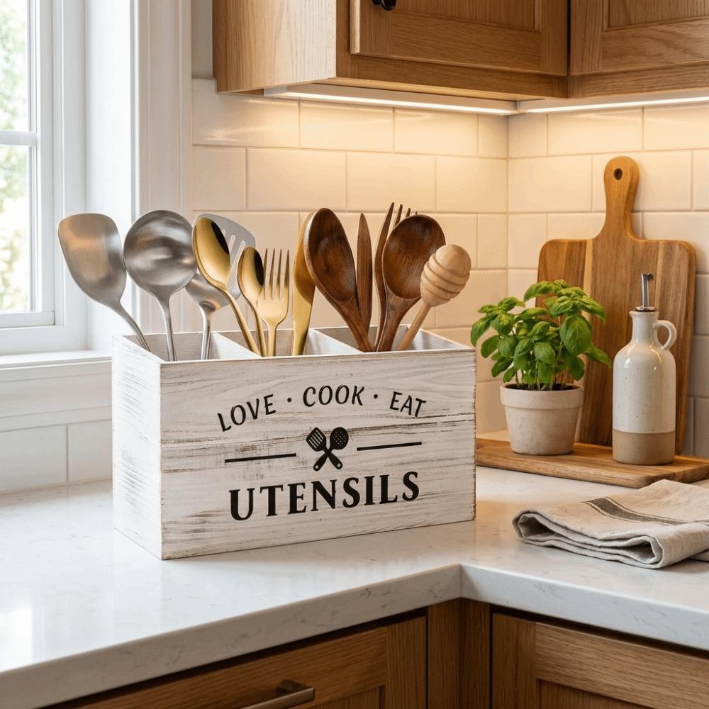 Wooden Spoon Fork Storage Box Space Saving Decorative Utensil Storage Box Large Capacity with 3 Compartments Silverware Holder