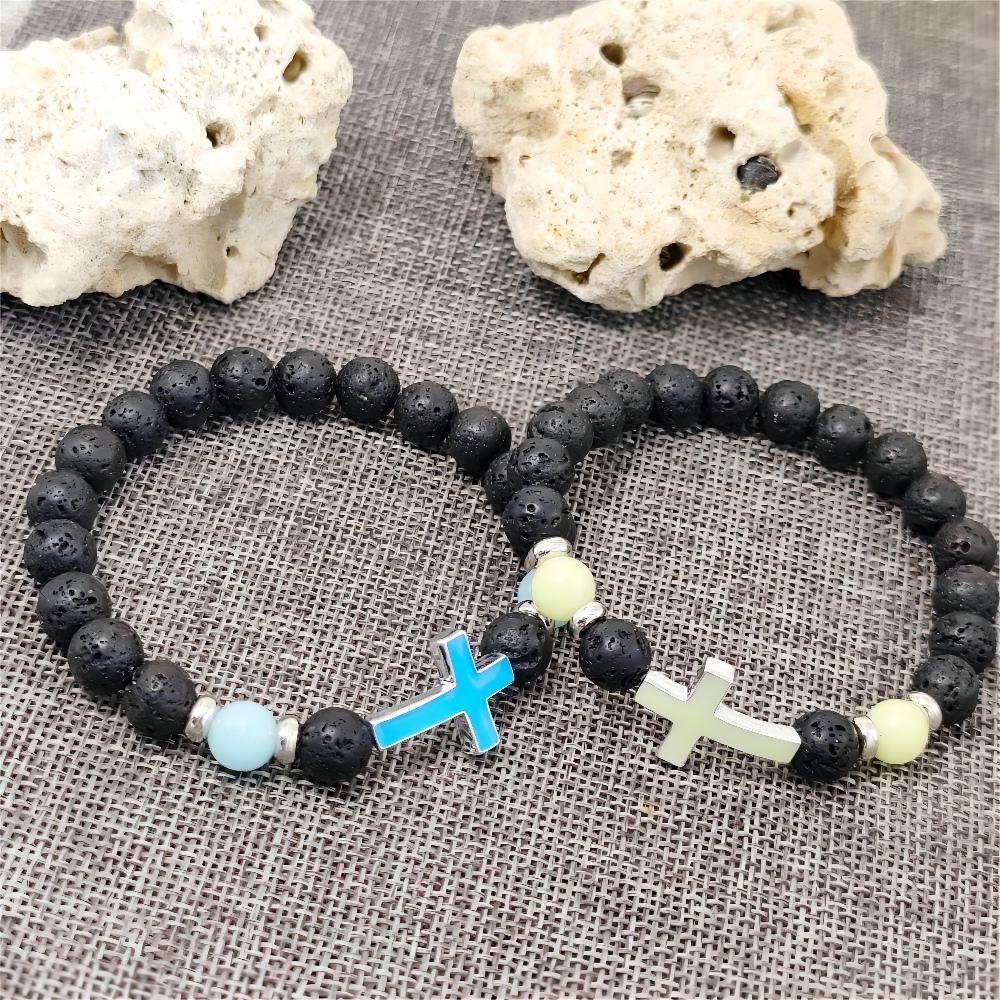 Summer Volcanic Stone Glow-in-the-Dark Vintage Bracelet Multi-color Glow-in-the-Dark Cross Beads Bracelet Bracelet Hand Jewelry
