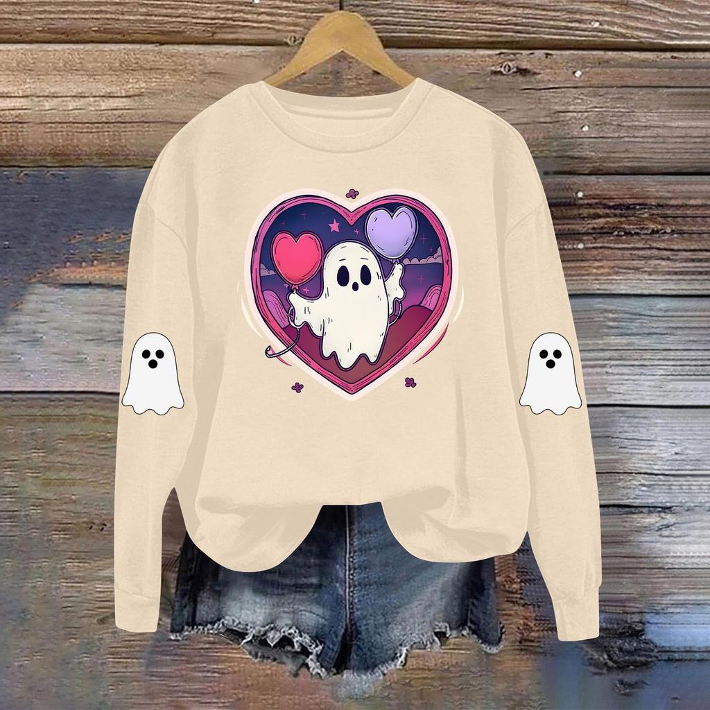 Dame Moteable Casual Langermet Halloween Trykket Rundhals Topp