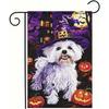 Happy Halloween Garden Flag, Halloween Witch Hat Maltese Flag Holiday Dog Welcome Yard Banner Double Sided for Patio Porch Farmhouse Decor