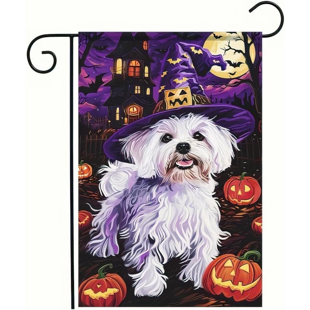 Happy Halloween Garden Flag, Halloween Witch Hat Maltese Flag Holiday Dog Welcome Yard Banner Double Sided for Patio Porch Farmhouse Decor