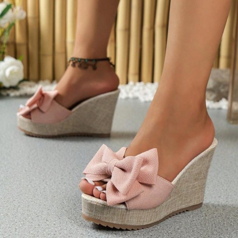 Fashion Heel Bow Summer Slippers Comfortable and Elegant Thick-soled Women's Shoes Large Size Sweet Women's High-heeled Slippers Slope