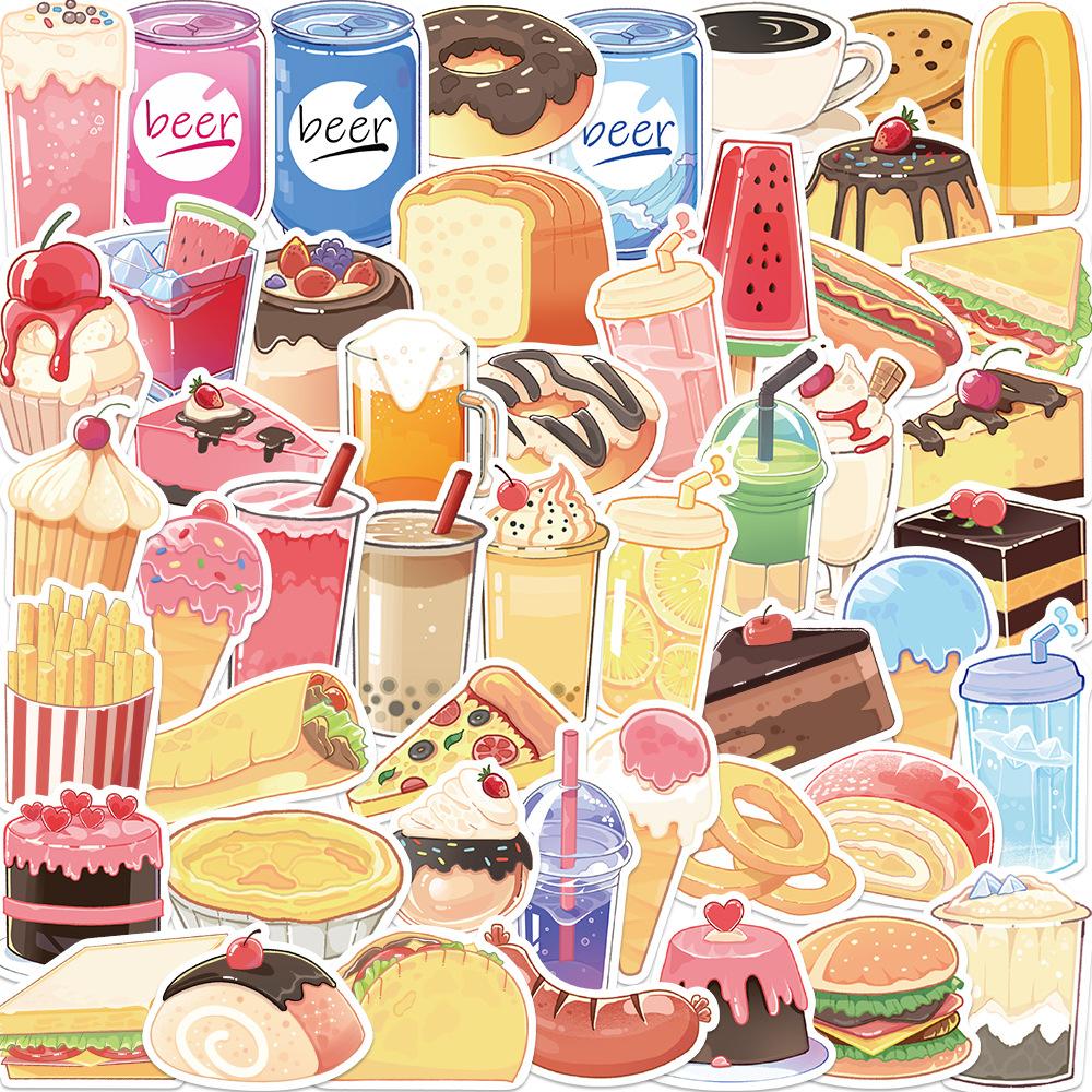 50 Hand-painted Food and Drinks Doodle Stickers Trolley Box Water Cup Diary Waterproof Diy Stickers
