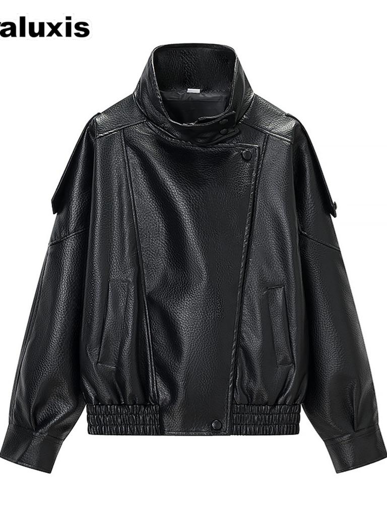 New Motorcycle Stand Collar Leather Jacket Women Loose Short Vintage PU Leather Coat Outerwear Popular Style
