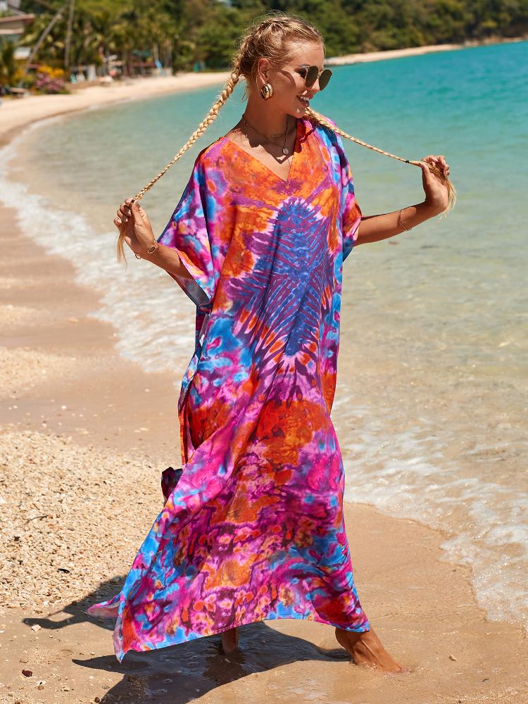 EDOLYNSA Vícebarevný kaftan s bohémským potiskem, s výstřihem do V, netopýřími rukávy, maxi šaty pro ženy, plážové oblečení, maxi šaty s polovičním rukávem, župan