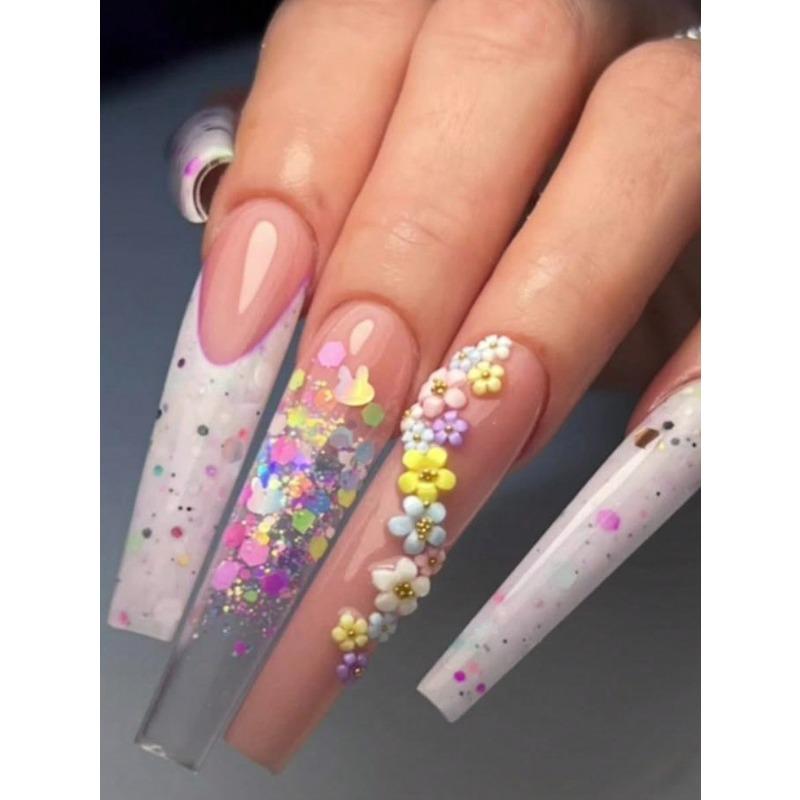 12 Grids/box Colorful Mini Flower Nail Charms 3D Acrylic Floral Nail Art With Pearls Golden Silvery Nail Beads Nail Decoration For Manicures