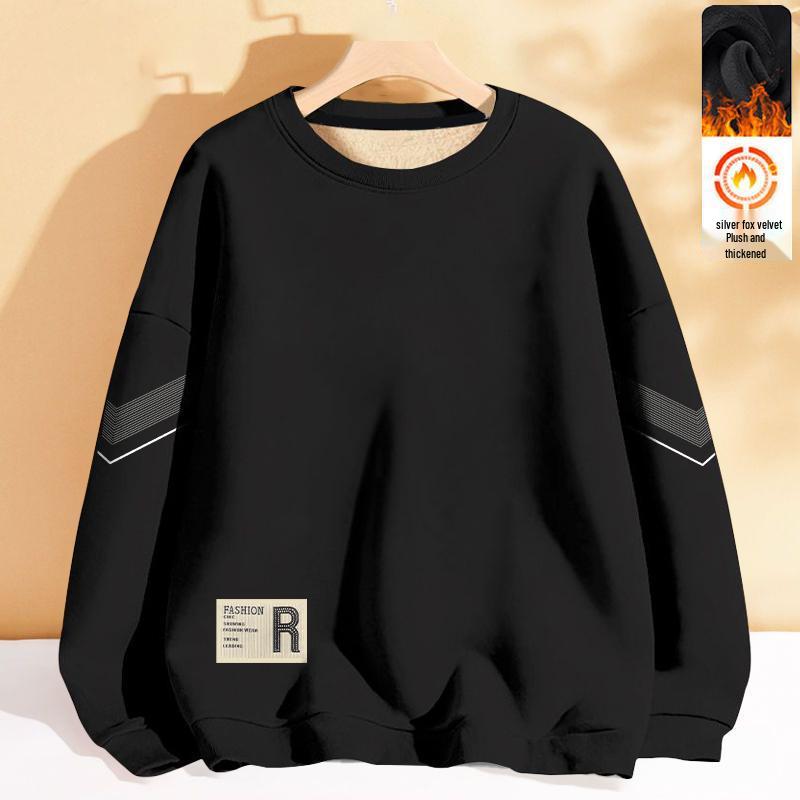 Men's Versatile Long Sleeve Pullover: Round Neck, Loose Fit, Plus Velvet, No Hood, Autumn/Winter Youth Jacket.