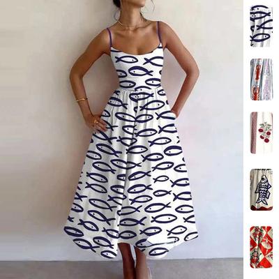 Summer New Women's Clothing, European and American Dresses, Temperament Commuting Waist Printing Pendulum Suspender Skirt