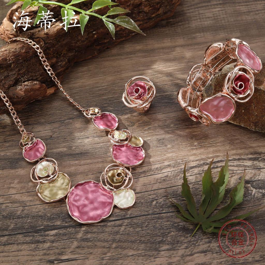 Color painting oil rose ring bracelet necklace set women's banquet high-end jewelry set