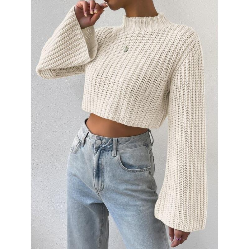 Autumn and Winter New European and American Solid Color Versatile High Waist Short Style Trumpet Sleeve Half High Collar Pullover Sweater for Women
