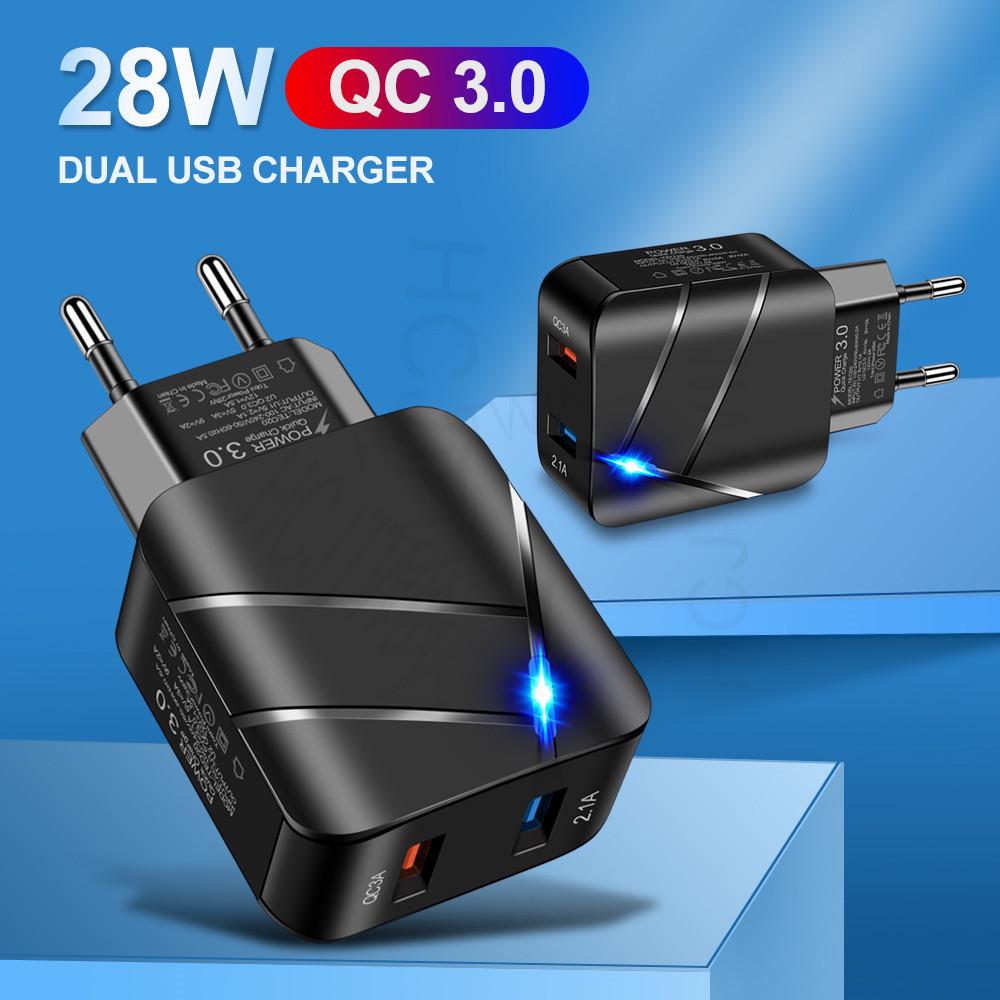 

28W QC3.0 + 2.1A Dual Port USB Fast Charger for Mobile Phone - US/EU Standard EU White
