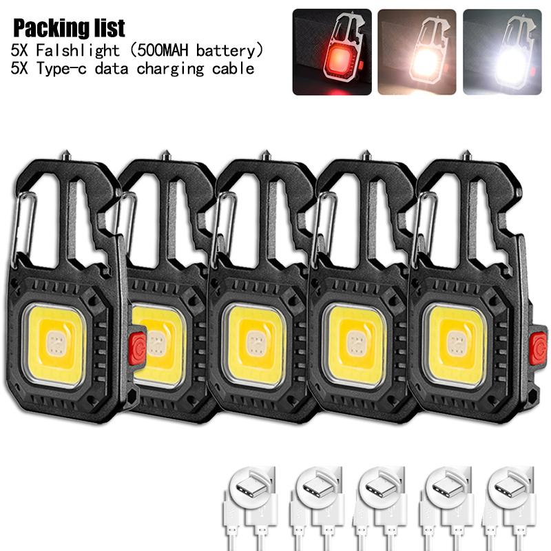 Mini Multifunctional Keychain LED Flashlight USB Rechargeable Portable Flashlight Outdoor Camping Torch Emergency Lantern 500Mah
