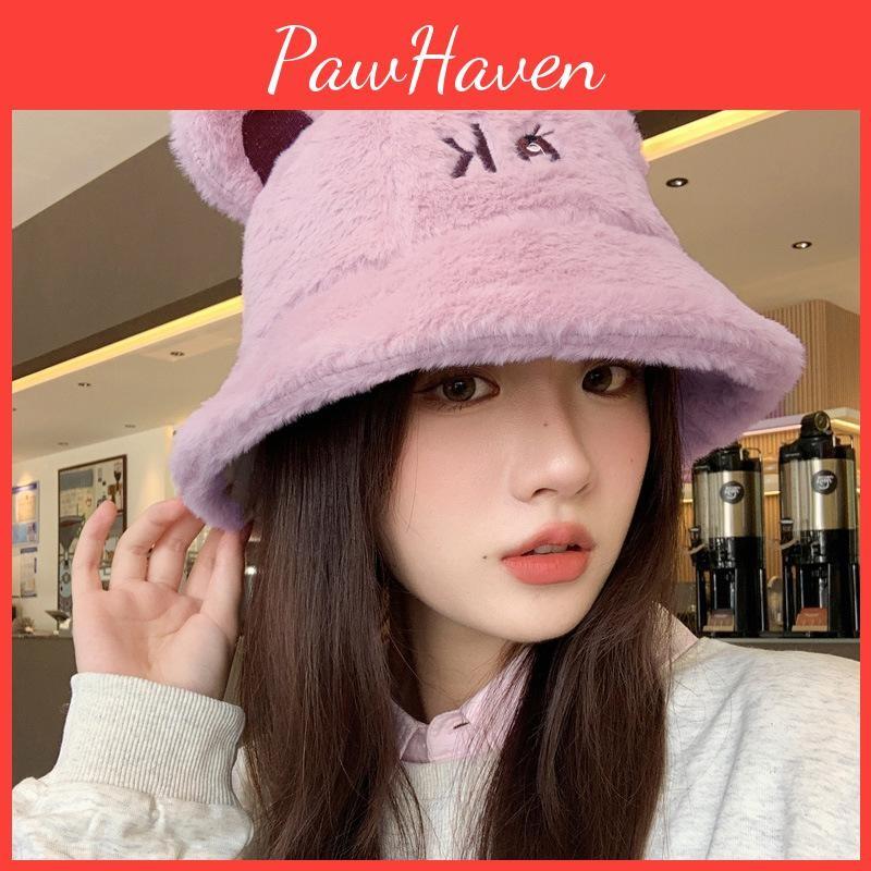 Ok Ear Bear Letter Embroidery Plush Fisherman Hat Bucket Cap Protection Sun