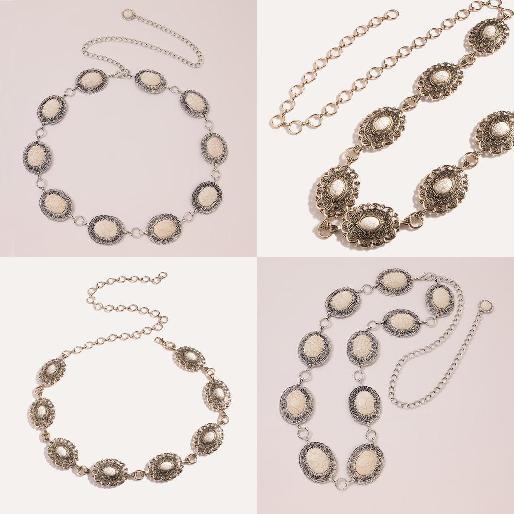 Gothic Style Metal Waist Belt With Intricate Engraving And Simulated White Turquoise Accent For Women