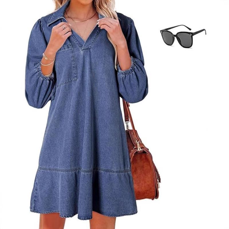European and American foreign trade denim dress new loose top group casual V-neck seven-point bubble sleeves