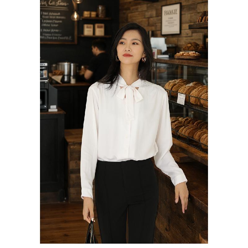 2026 Spring New Elegant White Shirt for Women, Versatile Commuting Shirt with Draped Ribbons