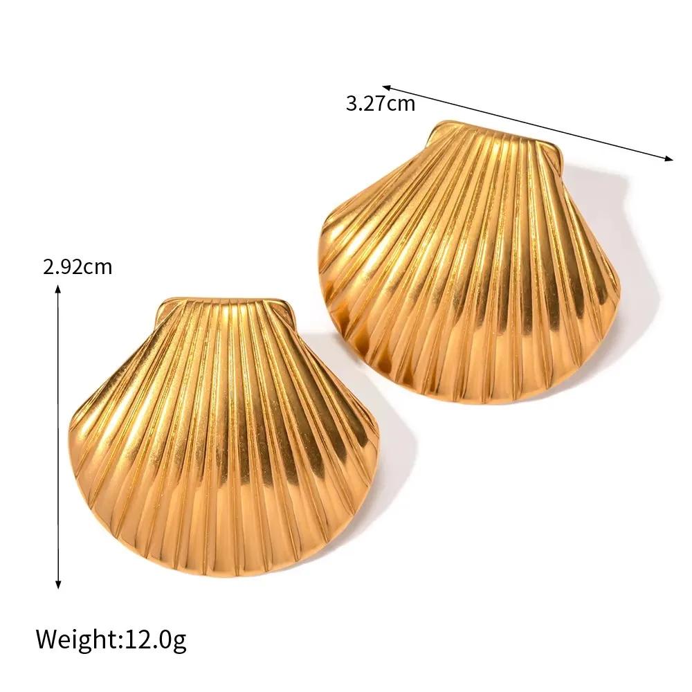 Gold Color Metal Texture Shell-shape Stud Earrings Women 18K Gold Plated Starfish Pendant Layered Chain Necklace Beach Jewelry